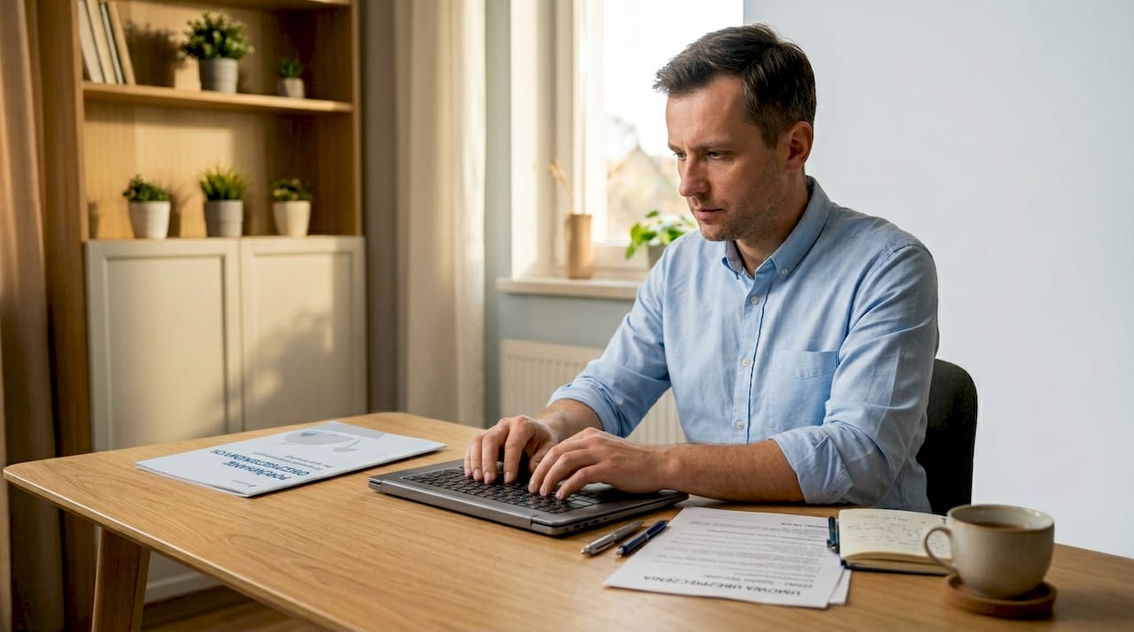 Szef analizuje propozycje ubezpieczeń, siedząc przy swoim biurku.