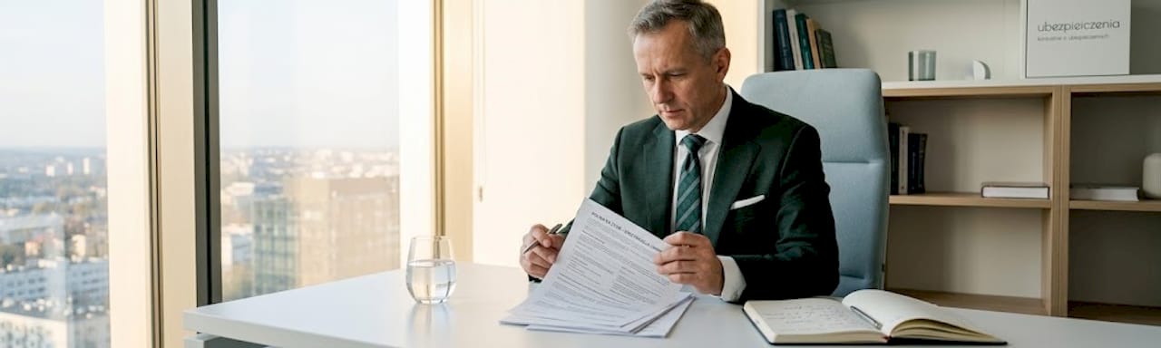 Szef firmy przegląda w swoim gabinecie dokumenty związane z ubezpieczeniem.